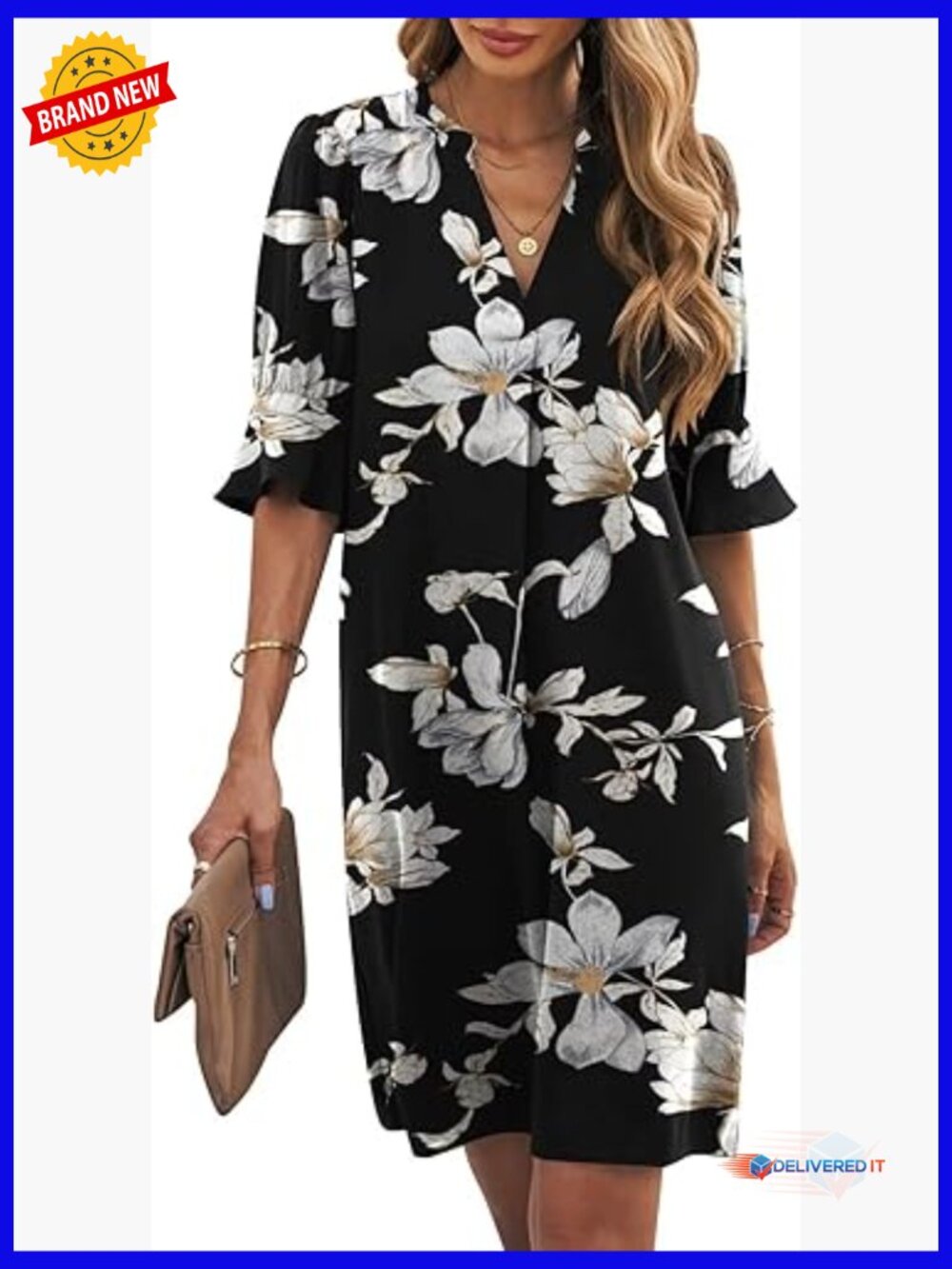 Wkior Shift Dress V Neck Short Sleeve Flowy Casual Summer Dress S-2XL